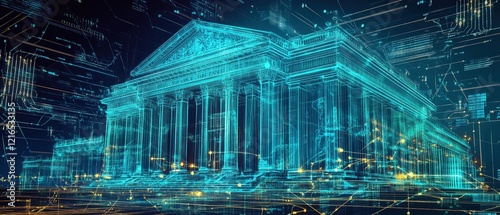 futuristic wireframe of a government building with data streams and circuit board patterns