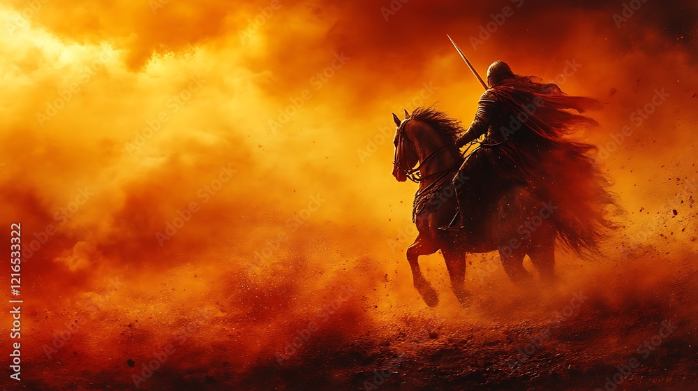 Lone knight on horseback riding into fiery sunset. Lone knight on horseback riding into fiery sunset.