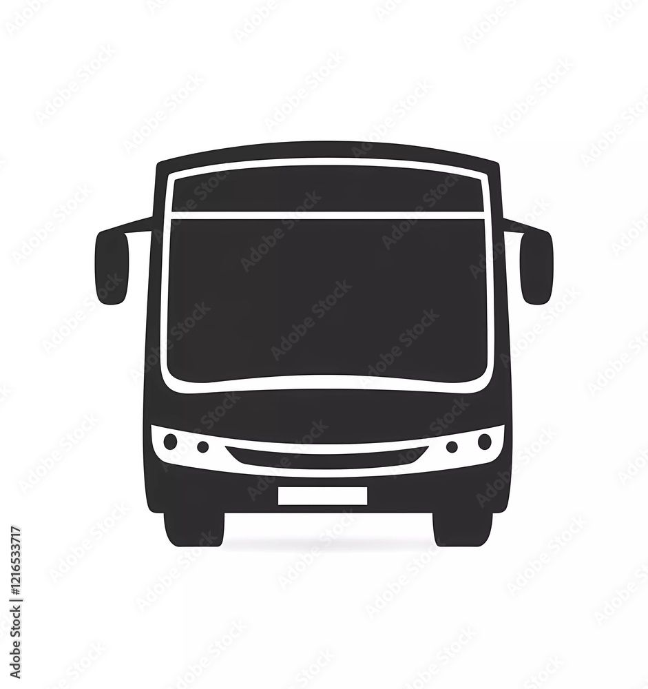 Vector icon of a bus, composed of simple shapes, in black on a white background, shown in a front view. Vector icon of a bus, composed of simple shapes, in black on a white background, shown in a front view.