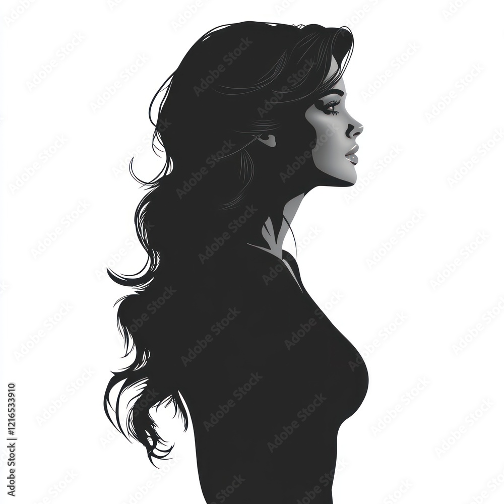 Woman's profile, dark hair, white background, thoughtful pose, graphic design. Woman's profile, dark hair, white background, thoughtful pose, graphic design.