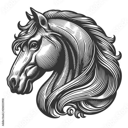 horse head with flowing mane, featuring intricate engraved details and graceful design sketch engraving generative ai vector illustration. Scratch board imitation. Black and white image.