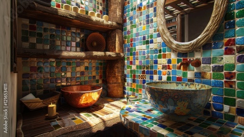 Vibrant Mosaic Bathroom Interior Design: Artistic Colorful Tiles and Rustic Wooden Accents photo