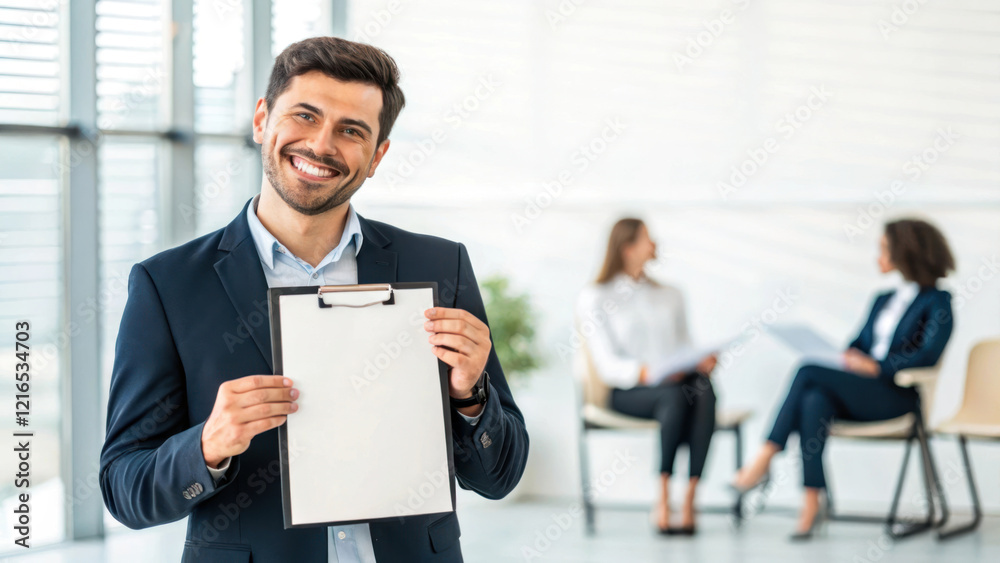 professional recruiter holding clipboard office setting, smiling confidently while two candidates are being interviewed professional recruiter holding clipboard office setting, smiling confidently while two candidates are being interviewed
