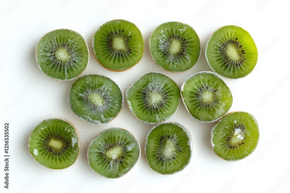 Fototapeta premium Frozen kiwi slices arranged beautifully against a clean white backdrop, highlighting their vibrant green color and delightful texture