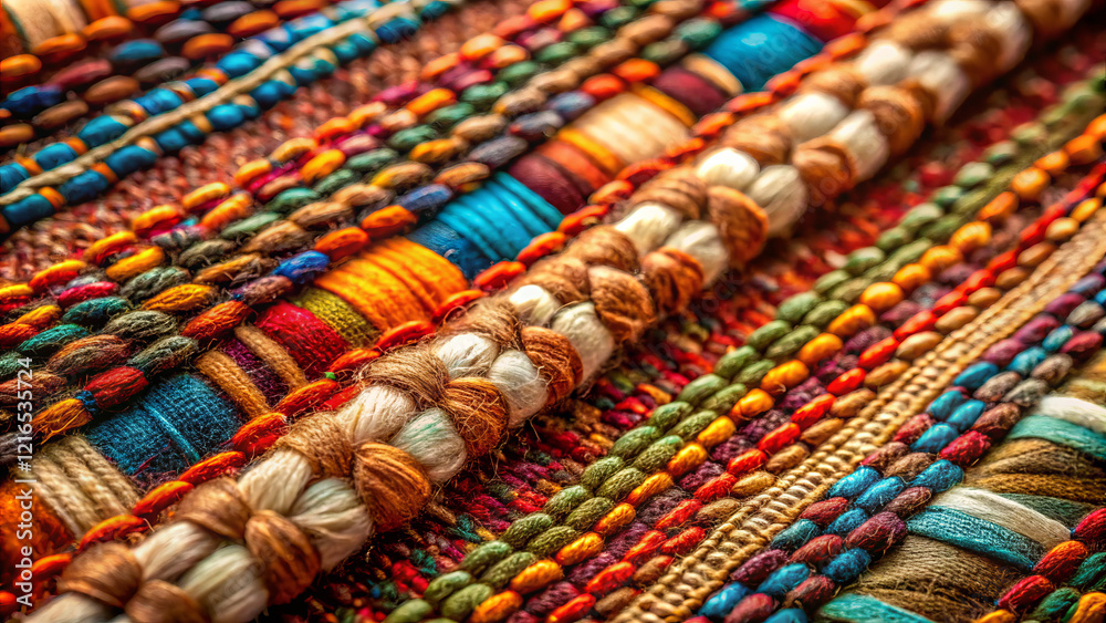 Vibrant woven textile showcasing intricate patterns and rich colors Vibrant woven textile showcasing intricate patterns and rich colors