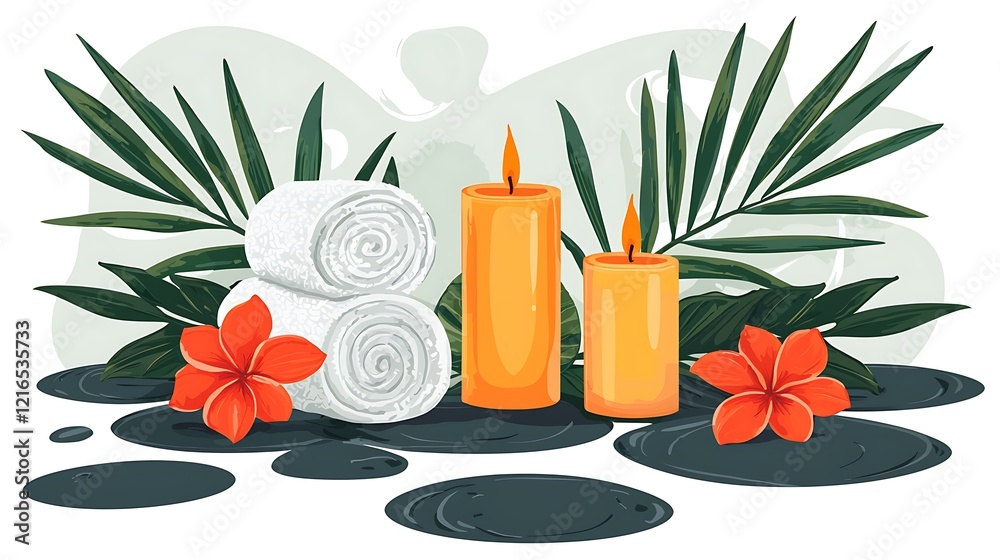 Spa Day Serenity Tropical Relaxation with Candles, Towels, and Stones.