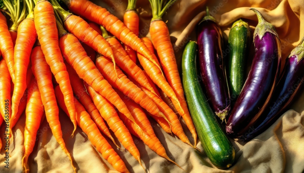 Fresh carrots and eggplants with zucchini on display Fresh carrots and eggplants with zucchini on display