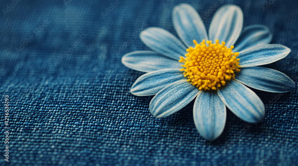 Obraz premium Blue Daisy on Denim: A delicate blue daisy with a vibrant yellow center blooms gracefully atop a textured denim fabric, creating a captivating contrast of colors and textures.