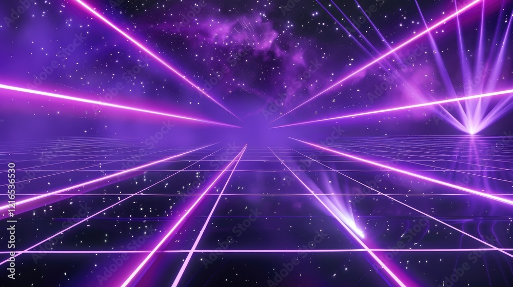 Obraz premium A vibrant digital landscape with purple lasers and a cosmic background.