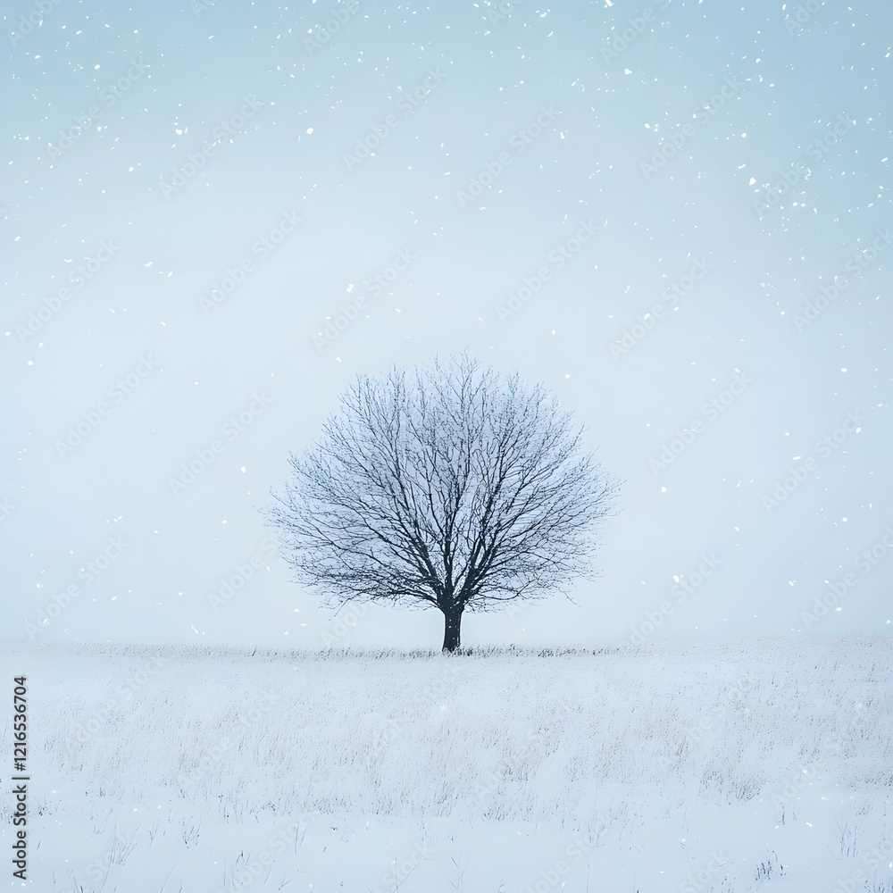 solitary tree in snowy field during snowfall.