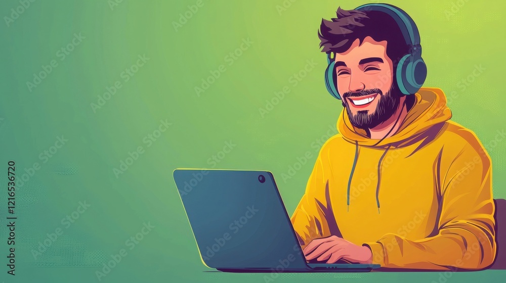Smiling man in yellow hoodie uses laptop while wearing headphones. Positive vibes and modern technology. Smiling man in yellow hoodie uses laptop while wearing headphones. Positive vibes and modern technology.