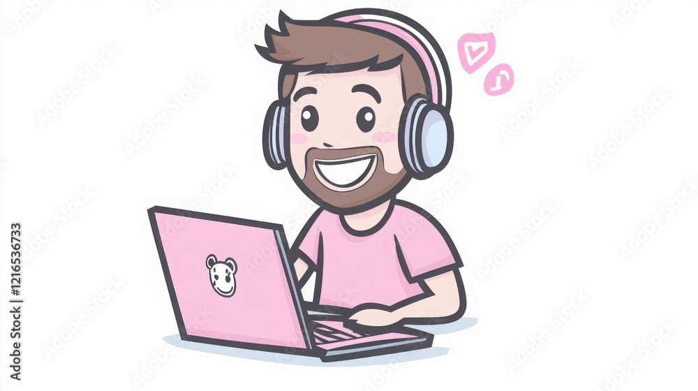 Happy cartoon man with headphones works on pink laptop. Positive vibes and pastel colors. Happy cartoon man with headphones works on pink laptop. Positive vibes and pastel colors.