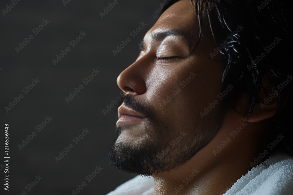 Obraz premium Relaxed Asian man with glowing skin and towel, enjoying self-care, ideal for skincare, grooming, spa, relaxation, and wellness concepts