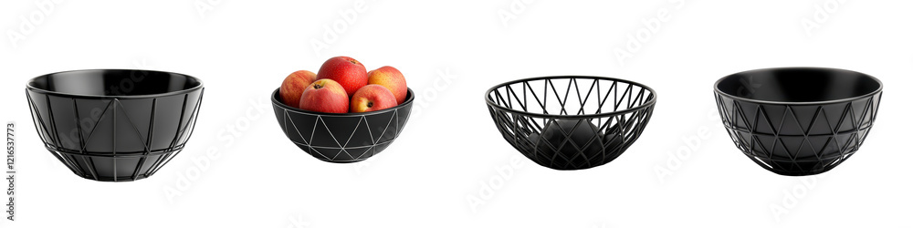 Arrangement of elegant black ceramic bowls in various geometric shapes and patterns on a table for a modern minimalist home interior design and decor Arrangement of elegant black ceramic bowls in various geometric shapes and patterns on a table for a modern minimalist home interior design and decor