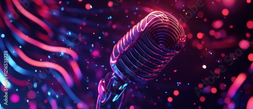 a vintage microphone on a vibrant neon background, perfect for music, podcast, or audio content