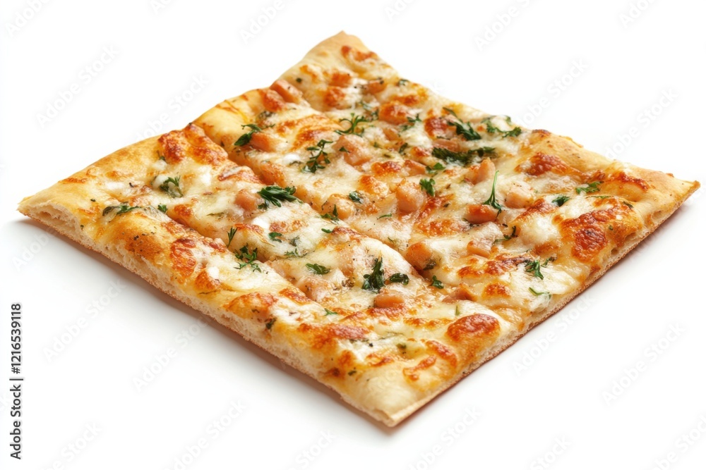 Delicious flatbread topped with cheese and herbs on a clean white background highlighting its appealing texture and flavor Delicious flatbread topped with cheese and herbs on a clean white background highlighting its appealing texture and flavor