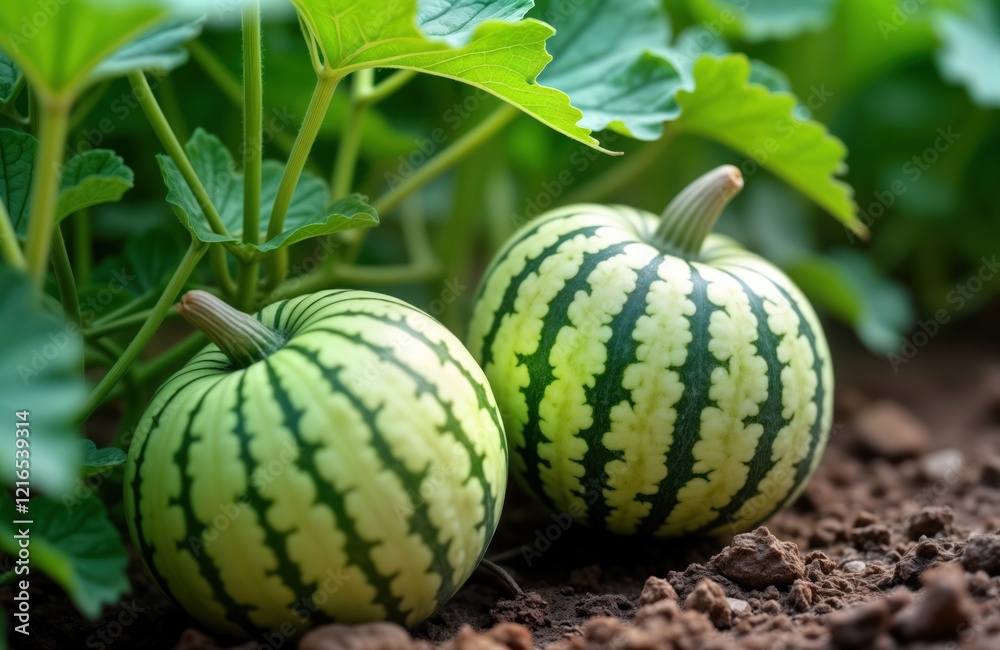 Closeup view of two young green striped melons growing in garden. Fresh produce growing in soil. Green leaves surrounding melons. Organic farming in progress. Natural growing process captured. Closeup view of two young green striped melons growing in garden. Fresh produce growing in soil. Green leaves surrounding melons. Organic farming in progress. Natural growing process captured.