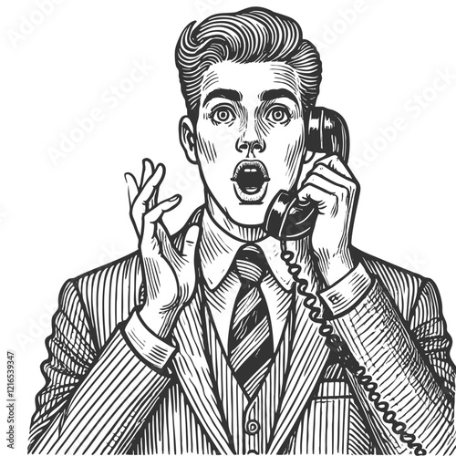 shocked businessman man in suit speaking vintage telephone surprised expression sketch engraving generative ai fictional character vector illustration. Scratch board imitation. Black and white image