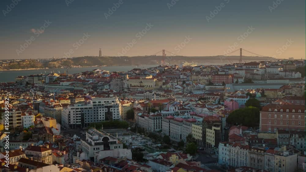 LISBON, PORTUGAL - JANUARY 19, 2025: Stunning aerial view of city skyline at sunset with iconic bridge in background LISBON, PORTUGAL - JANUARY 19, 2025: Stunning aerial view of city skyline at sunset with iconic bridge in background