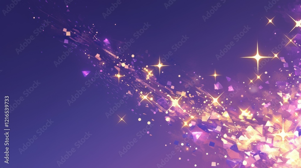 A vibrant abstract design featuring sparkling shapes and light effects on a purple background. A vibrant abstract design featuring sparkling shapes and light effects on a purple background.