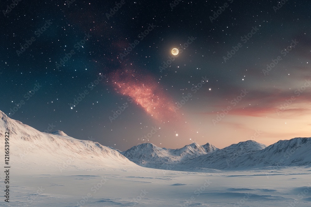 Starlit night over snowy mountains with a glowing moon and a vibrant galaxy Starlit night over snowy mountains with a glowing moon and a vibrant galaxy