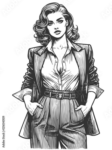 woman in suit and open shirt, businesswoman empowerment and style sketch engraving generative ai fictional character vector illustration. Scratch board imitation. Black and white image.
