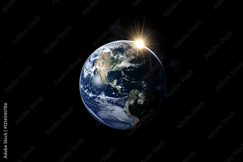 A dark background with the sun rising on Earth in space. The Earth is seen from above, centered and small. There's a thin light beam coming out of it. A dark background with the sun rising on Earth in space. The Earth is seen from above, centered and small. There's a thin light beam coming out of it.