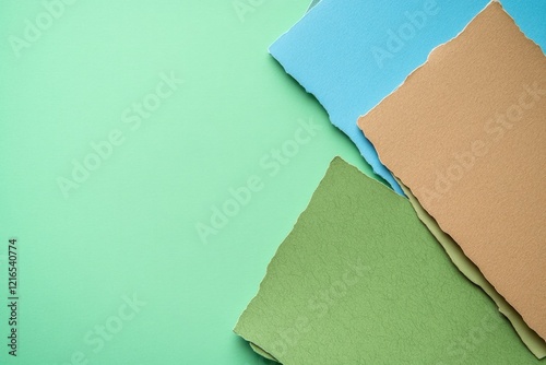 Colorful paper pieces arranged on soft green background create s photo