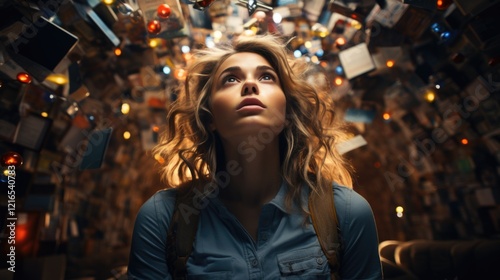 Overwhelming information data explode out of head of young human brain, too much media, too much information, maximalism, news, social media addiction. 