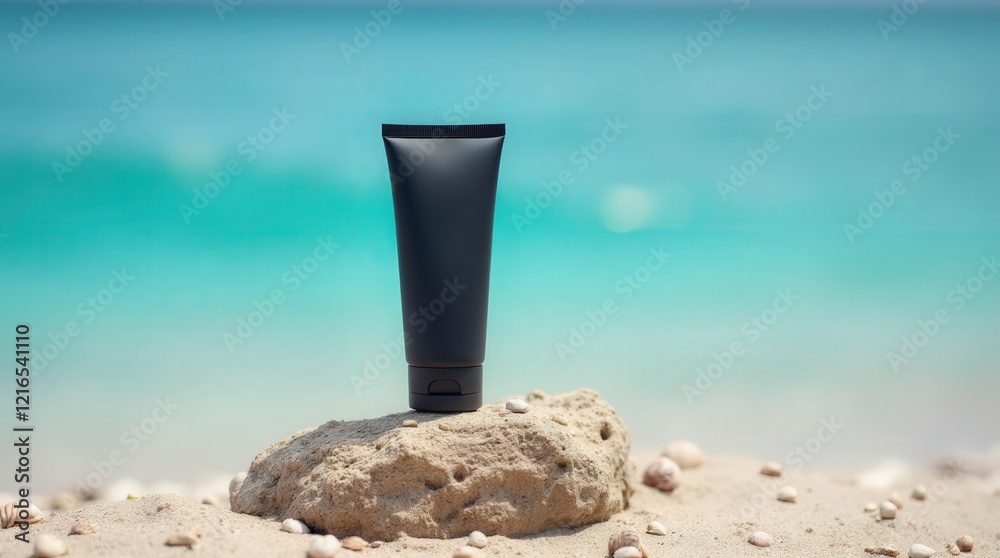 Black tube standing on textured rock by the sandy beach under clear sky Black tube standing on textured rock by the sandy beach under clear sky