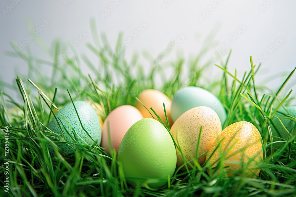 Fototapeta premium Colorful eggs nestled in lush green grass create vibrant spring