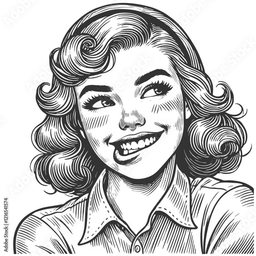 woman playfully bites her lip sketch engraving generative ai fictional character vector illustration. Scratch board imitation. Black and white image.