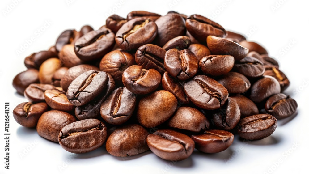 Fototapeta premium Richly roasted coffee beans, sharply detailed, isolated on pure white, showcasing high-resolution product photography.