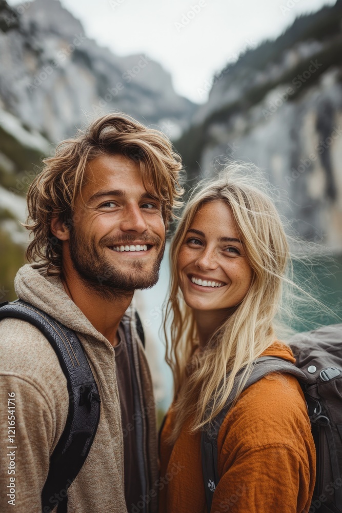 Smiling couple enjoying nature's beauty with mountains and lake Smiling couple enjoying nature's beauty with mountains and lake