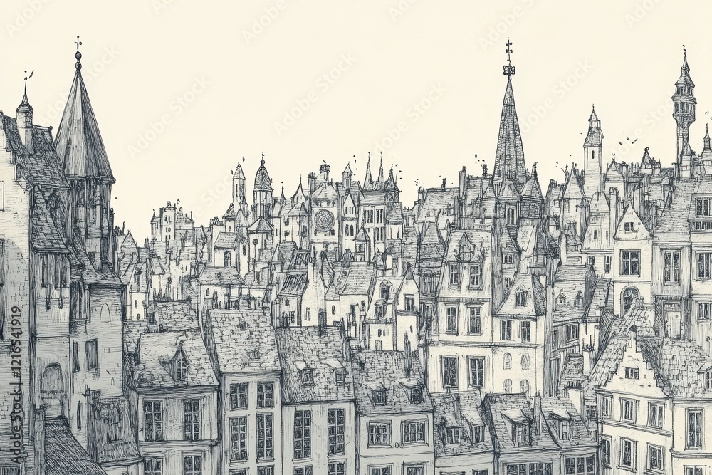 A Detailed Pen Sketch of a European Cityscape A Detailed Pen Sketch of a European Cityscape