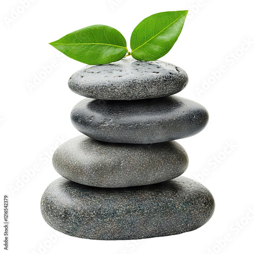 Stack of smooth spa stones with green leaves, isolated on transparent cutout background