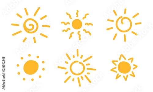 Set of Hand drawn Sun. Vector illustration 