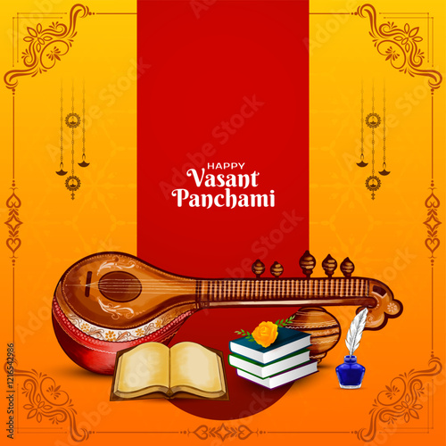 Happy Vasant Panchami Indian cultural festival elegant greeting card with veena