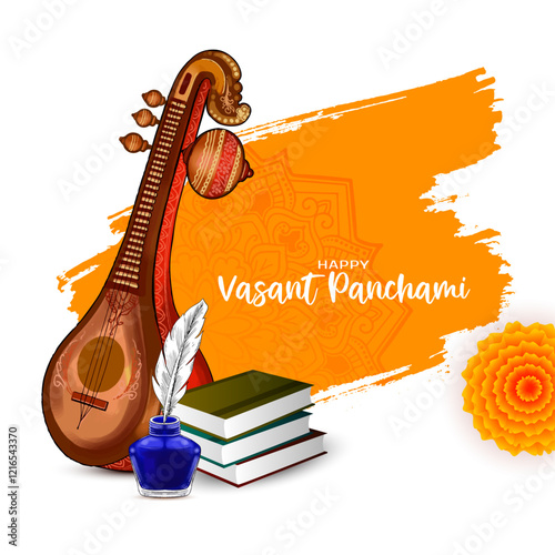 Happy Vasant Panchami traditional Indian festival artistic greeting card with veena