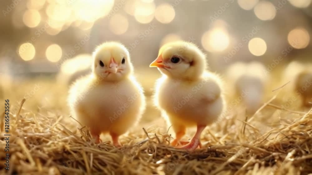 Two fluffy yellow chicks wander around a farmyard, pecking and observing their environment. The warm sunlight creates a cozy atmosphere as they interact with straw and each other Two fluffy yellow chicks wander around a farmyard, pecking and observing their environment. The warm sunlight creates a cozy atmosphere as they interact with straw and each other