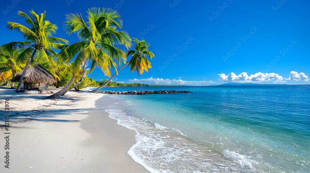 Serene Tropical Beach with Palm Trees and Crystal Clear Water Serene Tropical Beach with Palm Trees and Crystal Clear Water