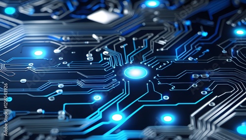 A glowing, processor and intricate circuit patterns in blue and silver, tech background