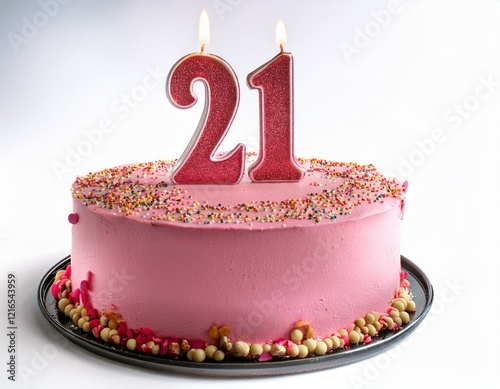 Decorated pink cake for birthday or anniversary party, candle number 21, white background photo