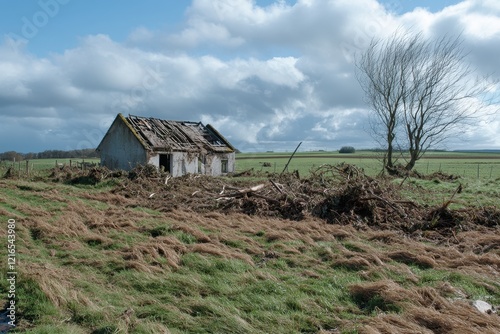 Damaged rural cottage, storm debris, field, cloudy sky, desolation