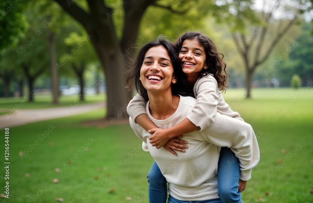 Happy Indian mother and daughter enjoy piggyback ride in park. Mother and child laugh, bonding moment. Outdoor fun, beautiful family photo. Summer day. Joyful family moment. Happy Indian mother and daughter enjoy piggyback ride in park. Mother and child laugh, bonding moment. Outdoor fun, beautiful family photo. Summer day. Joyful family moment.