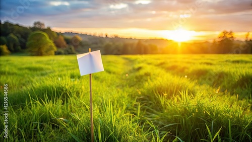 Serene grassy field, a message on a stickâ€”a poignant conceptual landscape photograph evoking mystery and contemplation. photo