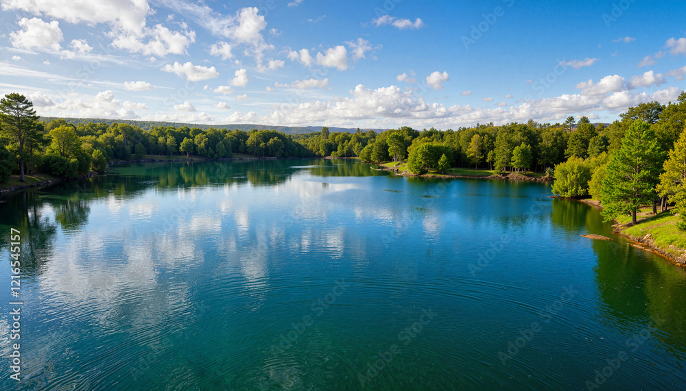 Serene lake surrounded by lush green trees under clear blue sky Serene lake surrounded by lush green trees under clear blue sky