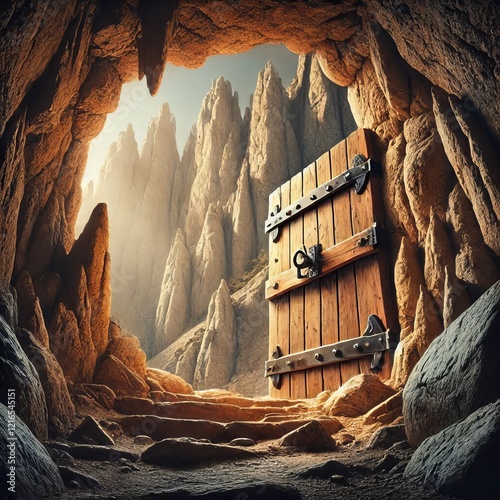 Mountain Cave Door with Rock Formations A door with rock formati