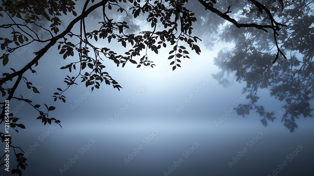 Silhouetted branches frame a misty tranquil scene Silhouetted branches frame a misty tranquil scene