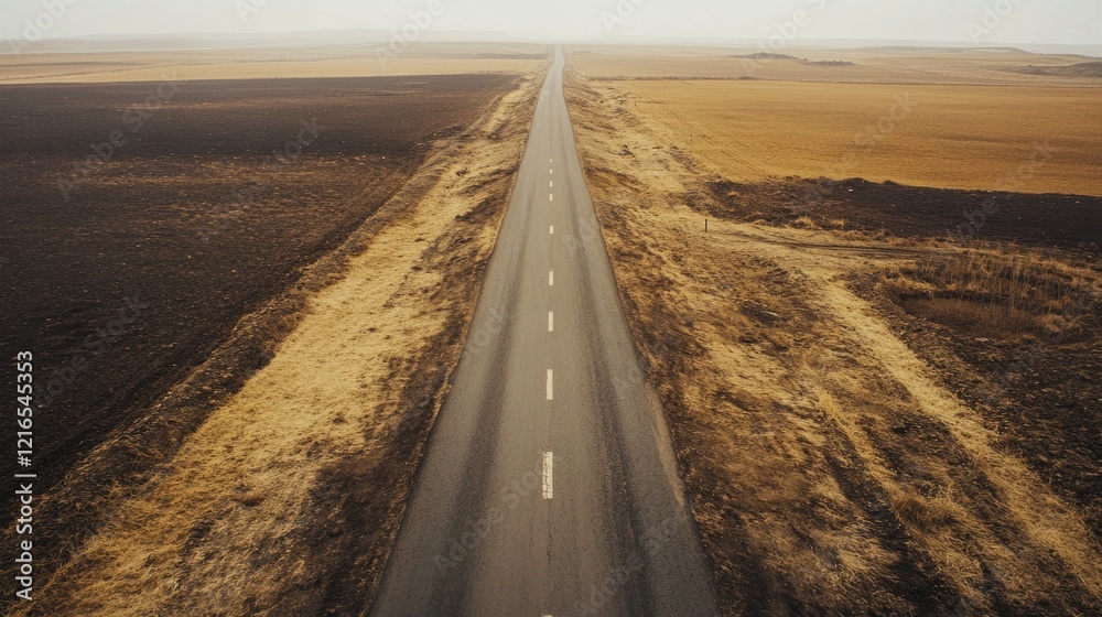 Fototapeta premium Endless road stretches through vast, desolate landscape under mu